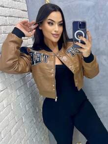 BETTER Graphic Colorful Casual Leather Jacket - Coffee Brown - View 3