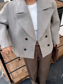 Seelio 女士秋冬双排扣翻领短款大衣，休闲简约外套 - 灰色 - 查看 4