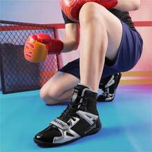 男士摔跤鞋、高帮搏击拳击鞋、训练鞋、跆拳道靴、健身武术鞋、高品质专业男士运动鞋、舒适防滑耐穿透气踝部支撑鞋，带纹理鞋底 - 黑色 - 查看 14