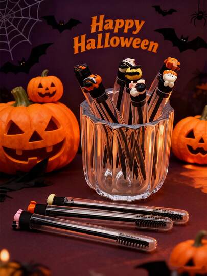 1/2/5/7pcs Halloween Series Pumpkin Hat, Ghost Cartoon Eyelash & Eyebrow Brush, Portable Tube Makeup Lash Brush With Transparent Case