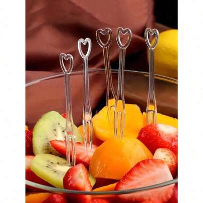 50+50pcs Clear Heart-Shaped Fruit Forks, Fruit Skewer,Dessert Forks, Appetizer Forks With Double Prongs, Suitable For Bars, Clubs, Restaurants, Household, Kitchen Tools, Kitchenware, Kitchen Accessories, Home Kitchen Supplies