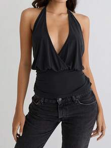 Women's Summer Halter Tops Stylish Solid Ruched Slim Fit Backless Night Out Sleeveless Vest Cami Shirts - 黑色 - 查看 6