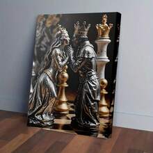 1 幅无框帆布油画 - 优雅的黑色和金色棋盘墙壁艺术，以国王和王后的棋子、精致的皇冠和礼服人物以及人类游戏装饰为特色，适合家庭、办公室和游戏室 - 送给国际象棋爱好者的豪华策略游戏礼物，适合室内使用，无需框架，非常适合经典棋盘游戏和国际象棋迷，高端精致的墙壁装饰艺术品 - 彩色 - 查看 12