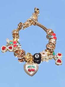 1pc Leopard Print Cherry Pendant Bracelet, 1pc Black Cherry 8mm Beaded Leopard Print DIY Bracelet, 1pc Adjustable Length Red Cherry Music Festival Lobster Clasp Bracelet - Multicolor - View 9