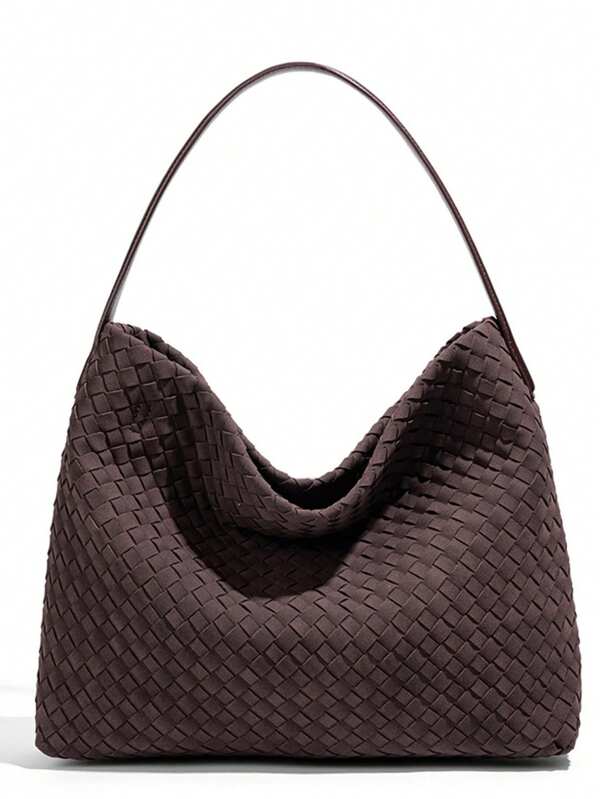 34cm Olive Green Woven Leather Crescent Tote Bag, Large Capacity One Shoulder Underarm Bag, Handwoven Texture Vintage Style Casual Commuter Laptop Bag For Women