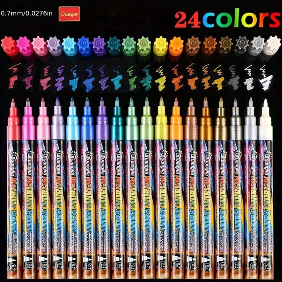 GUANGNA 24-Color Acrylic Paint Markers, Soft Brush Tip Pens And Markers, Acrylic Paint Pens Suitable For Wood, Stone, Canvas, Glass, Fabric, Eggs, Rock Painting, And DIY Craft Supplies. 18/24 Color Metal Marker, 0.7mm Ultra-Fine Tip Color Pen, Permanent Metal Marker For Signing And Writing On Cards - 24 màu/bộ - Xem 1