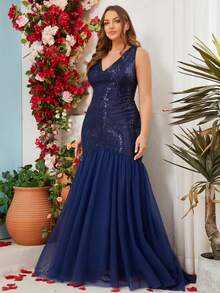 Vestidos de fiesta formales de talla grande para mujer con lentejuelas y parches de malla con diseño de sirena, adecuados para fiestas, graduaciones, actuaciones, bailes de graduación, primavera/verano/otoño/invierno - Azul Marino - Ver 6