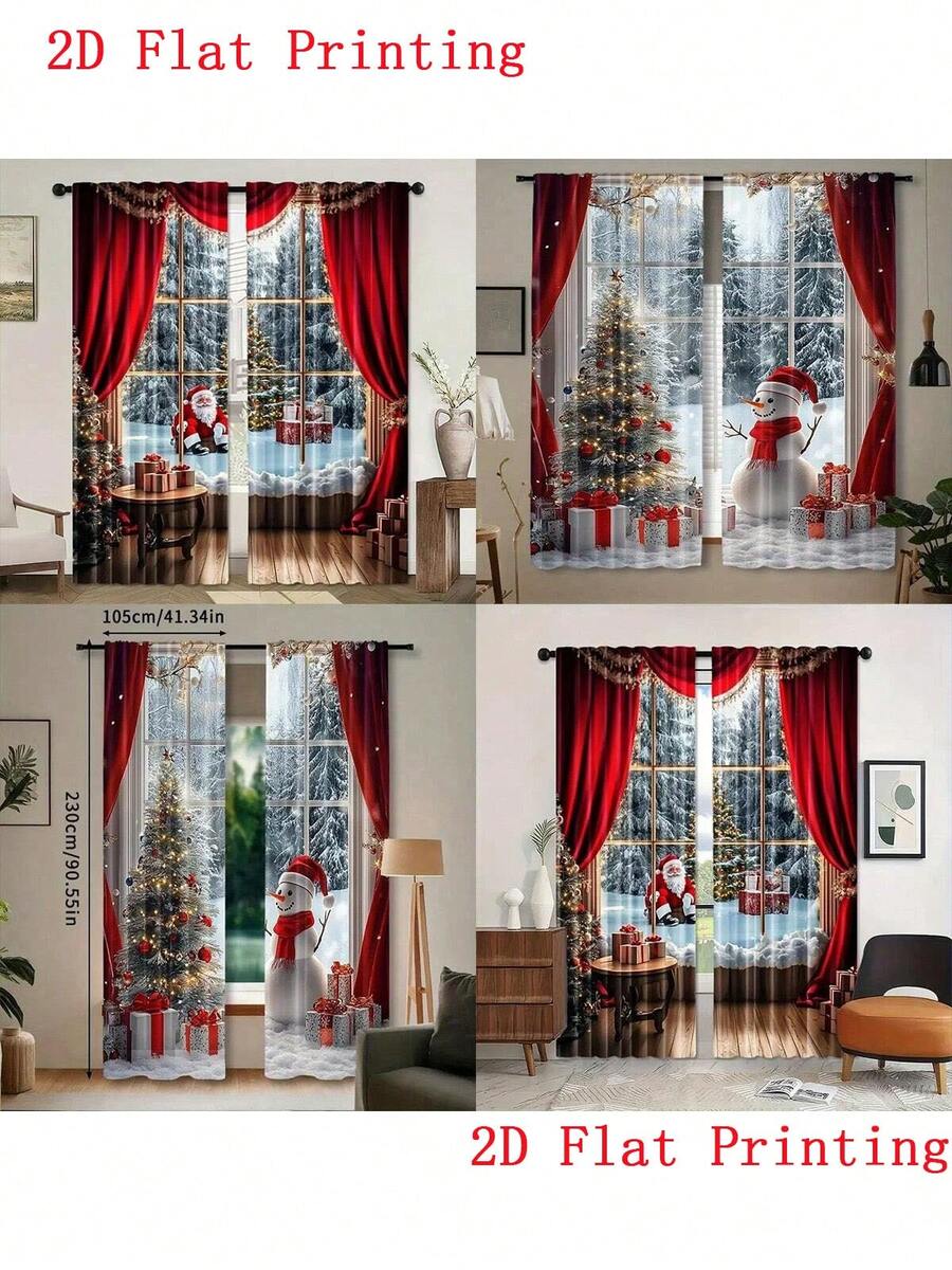 Conjunto de 2 Cortinas de Natal com Árvore de Natal - Bolso para Varão, Impressão Digital, Tecido de Poliéster, Apresentando Cena Natalina Nevosa com Boneco de Neve e Presentes, Decoração Vermelha e Branca Adequada para Sala de Estar, Cozinha, Quarto, Sala de Jantar, Decoração de Natal para Casa (Efeito Estampado, Sem Painéis de Cortina) Decorações de Natal Decoração de Casa Decoração de Quarto - Multicolorido - Ver 1