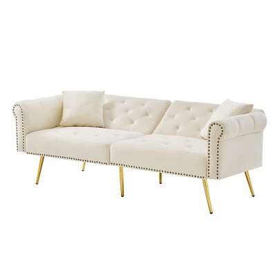 Modern 2-Seater Sofa Bed – Velvet Upholstery, 3-Way Adjustable And Gold Metal Legs. Elegant Sofa With Sleeping Function – Space-Saving, Durable, Ideal For Small Spaces. (Beige)