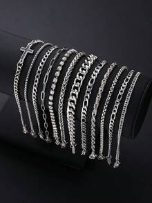 17KM Conjunto de 12 peças de pulseiras minimalistas e estilosas de punk hip-hop em aço inoxidável com strass e cruz para homens, adequadas para encontros, férias, combinação diária, unissex