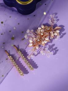 1pc Elegant Floral Crystal & Pearl Decorated Bridal Hair Clip, European Garden Wedding Bridesmaid Hair Accessory