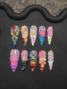 10-Piece Y2K Style Handcrafted Square Press-On Nails Set - Handmade With Handcrafted Ladybugs, Colorful Carved Butterflies, Pink-Blue Small Flowers, Yellow-Blue-White-Purple-Brown French Tips, As Well As Sparkling Blue-Pink-White Rhinestones And Golden Small Steel Ball Accents. Suitable For Women And Girls, Ideal For Parties, Festivals And Daily Wear. Includes A Tool Kit, Handmade Press-On Nails, Fake Nail Tips And Nail Supplies. (Random Delivery) - 隨機 - 查看 6