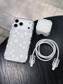 白色花朵时尚手机壳四合一套装：1个气垫手机壳 + 1个波浪纹英规插头充电器保护套 + 2个数据线保护套，UV喷绘雏菊图案，兼容英国标准苹果快充适配器，适用于 7/8/7+/8+/X/XS/XR/XSMax/11/11Pro/11ProMax/12/12Pro/12ProMax/12Mini/13/13Pro/13ProMax/13Mini/14/14Pro/14Plus/14ProMax/15/15Pro/15Plus/15ProMax/16/16Pro/16Plus/16ProMax/17/17Pro/17ProMax/AIR，春季复活节礼物 - 彩色 - 查看 1