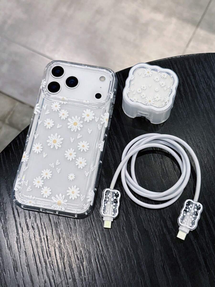 白色花朵时尚手机壳四合一套装：1个气垫手机壳 + 1个波浪纹英规插头充电器保护套 + 2个数据线保护套，UV喷绘雏菊图案，兼容英国标准苹果快充适配器，适用于 7/8/7+/8+/X/XS/XR/XSMax/11/11Pro/11ProMax/12/12Pro/12ProMax/12Mini/13/13Pro/13ProMax/13Mini/14/14Pro/14Plus/14ProMax/15/15Pro/15Plus/15ProMax/16/16Pro/16Plus/16ProMax/17/17Pro/17ProMax/AIR，春季复活节礼物 - 彩色 - 查看 1
