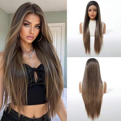 13*3.5英寸高密度150%蕾丝前假发，高品质舒适女士假发，渐变色，30英寸中长直发，采用耐热合成纤维制成，适合度假、家庭聚会、角色扮演和日常佩戴。