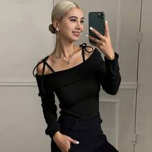 Livesso Women's Off Shoulder Tie Front T-Shirt, Black, Spring/Summer,Fall Clothes Going Out Tops - Black - View 6