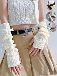 1 Pair Of Cute Bow Tie Women's Gloves Vertical Striped Women's Open Finger Gloves Y2K Warm Arm Cover Millennium Hot Girl Long Sleeve Cover