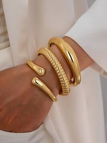 3pcs/Set Minimalist Geometric Asymmetrical Teardrop Shaped Metal Bangle Bracelet Set, Thick Solid Gold-Tone Alloy Material, Suitable For Women