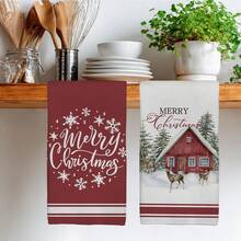 MEMNUN 2pcs Christmas Watercolor Red Farmhouse And Deer Illustration With Merry Christmas Text Print Kitchen Towels, 15.75*23.62in (40*60cm) Super Soft Absorbent Microfiber Modern Dish Towels, Dish Cloths, Christmas Decor, Home Decor, Kitchen Decor, Cooking Baking Tea Towels, Hand Towels, Kitchen Accessories, Machine Washable, Suitable For Dining Room, Kitchen, Holiday Decoration And Gifting, All Season - Multicolor - View 7