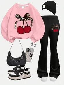 2pcs/Set Girls' Sweet & Fresh Cherry Print Sweatshirt Set, Soft & Skin-Friendly, Casual Everyday Wear For Spring/Autumn - Pink - View 2