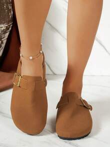 1双青少年金属扣鞋，仿麂皮材质，轻便防滑鞋头，平底搭扣设计，休闲套脚款式，适合日常街头穿着 - 棕色 - 查看 3