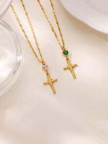 Cubic Zirconia Cross Pendant Necklace For Men 18K Gold Plated Stainless Steel Necklaces Vintage Goth Cross Charm Round Chain Beads Chain Lip Chain Jewelry Daily Wear Christmas Gifts