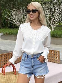 Livesso Eyelet Embroidery Statement Collar Flounce Sleeve Blouse,Long Sleeve Tops,Fall Women Clothes