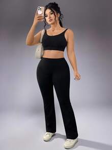 Plus Size Women's Fashion High Waist Yoga Pants, High Elasticity Flared Leggings, Multifunctional Cycling Sports Outdoor Tights Suitable For Yoga, Pilates, Gym - Black - View 8