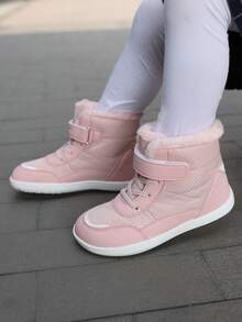 1 par de botas de invierno forradas térmicamente de unicolor y estilo de moda para niños, de piel sintética, cómodas y suaves con suela antideslizante y cierre, adecuadas para niñas y niños pequeños, para otoño/invierno