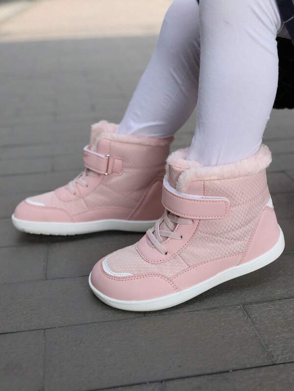 1 par de botas de invierno forradas térmicamente de unicolor y estilo de moda para niños, de piel sintética, cómodas y suaves con suela antideslizante y cierre, adecuadas para niñas y niños pequeños, para otoño/invierno