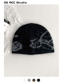 1 件蝴蝶纹理针织帽,超大号保暖羊毛混纺蝴蝶装饰休闲帽,男女通用秋冬耳暖帽 - 彩色 - 查看 14