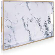 Pink Serving Trays, Decorative Serving Tray With Handles, Coffee Table Rectangular Trays Plastic Tray Ottoman Bathroom, Living Room, 15. U201Dx 10.2u201Dx1.37u201D - White Marble + 15.7" X 10.2" X 1.4" - View 1