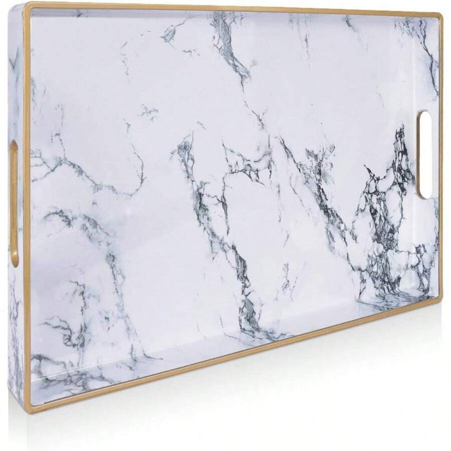Pink Serving Trays, Decorative Serving Tray With Handles, Coffee Table Rectangular Trays Plastic Tray Ottoman Bathroom, Living Room, 15. U201Dx 10.2u201Dx1.37u201D - White Marble + 15.7" X 10.2" X 1.4" - View 1