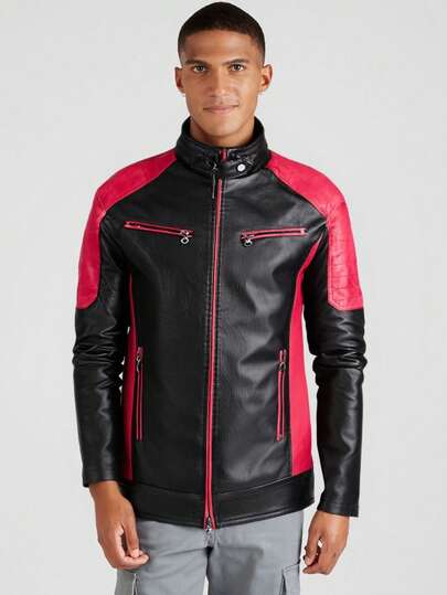 Men's Motorcycle PU Leather Jacket Punk Style Standing Collar Short Jacket