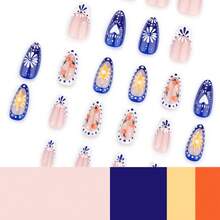 Blue And White French Nail Art With Fireworks And Flowers, Short Almond Heart Nail Tips - BW162 - 查看 4
