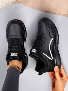 Damskor för utomhusbruk, varmt foder, tjock sula, låga snöstövlar, snörskor för resor för höst/vinter - Svart - Visa 5