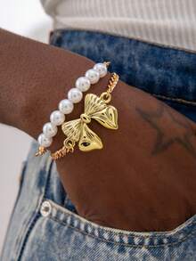 2pcs Gold Vintage Coin Style CCB Faux Pearl Beaded Bow Bracelet Set For Women, Suitable For Party, Gathering, Gift (Faux Pearl Quantity & Size Varies)