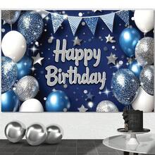 1 pieza Pancarta de feliz cumpleaños azul marino real y plateada para hombres, fondo de feliz cumpleaños para niños con fondo azul real, decoraciones de cumpleaños para hombres, pancarta para fiesta - Multicolor - Ver 2