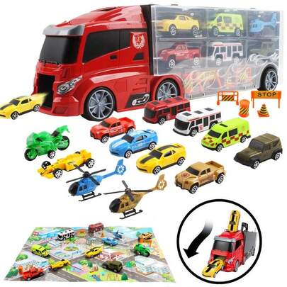 Bakaji Camion Bisarca Porta Auto con Rampa a Scivolo 6 Macchinie Incluse Mappa Città e Accessori Gioco Giocattolo Bambini Portatile
