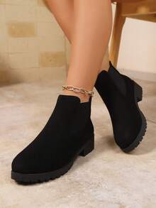 Women's Solid Color Round Toe Casual Fashion Slip-On Chelsea Ankle Boots