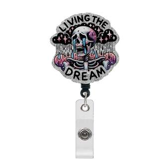 Gothic ID Badge Holder Retractable Reel, Crying Skull Acrylic Charm, Dark Rain Cloud Cross Star Design, 'LIVING THE DREAM' Text Lanyard For Work Office, Concert Festival Accessories, Alternative Goth Style