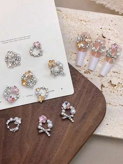 10 Pieces Of Retro Palace Style Alloy Diamond Nail Jewelry, 3D Metal Jewelry, DIY Nail Art Supplies, Nail Gems, Pink And Silver,