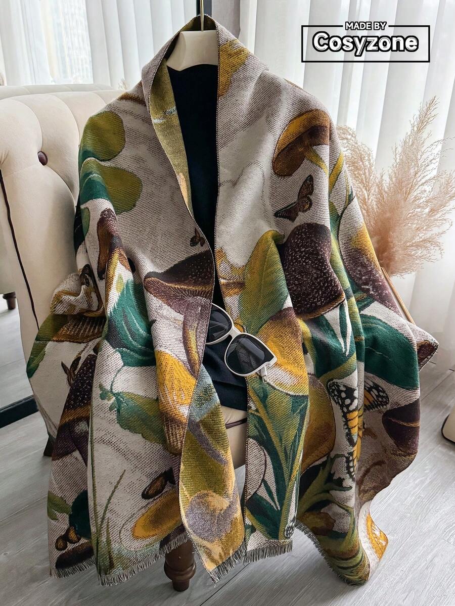1件女士复古油画花卉提花针织披肩,保暖百搭,适合秋冬季日常佩戴,可搭配连衣裙。 - 彩色 - 查看 1