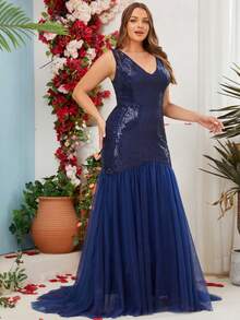 Vestidos de fiesta formales de talla grande para mujer con lentejuelas y parches de malla con diseño de sirena, adecuados para fiestas, graduaciones, actuaciones, bailes de graduación, primavera/verano/otoño/invierno - Azul Marino - Ver 7