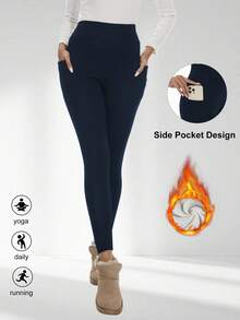 Fleece Lined Leggings Women - Thick Soft High Waisted Black Tummy Control Thermal Warm Velvet Pants For Cold Winter - Màu xanh hải quân - Xem 2