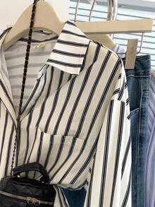 Women's Striped Button Down Shirts Casual Long Sleeve Loose Collared Blouses Tops With Pocket