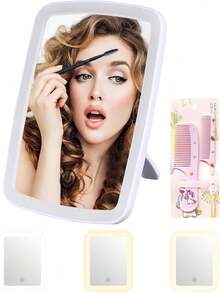 Espejo Maquillaje, Espejo de Viaje,Espejo Cosmético con Luz LED Ajustable, Plegable y Recargable USB, 3 Modos de Brillo, Interruptor Táctil, Portátil con Diseño Compacto - 1 - Ver 1