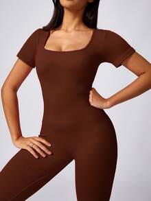 Womens Workout Winter Long Jumpsuits Seamless Yoga Gym Bodycon Rompers Sexy Unitard Tummy Control - Short Coffee - View 5