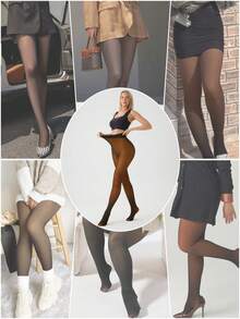 Women's High-Waist Fake Sheer Fleece-Lined Tight Leggings - Non-See-Through, Stretchy Comfortable, Tummy-Control & Butt-Lifting, Warm For Cold Weather Layering, Durable - 焦糖 - 查看 5