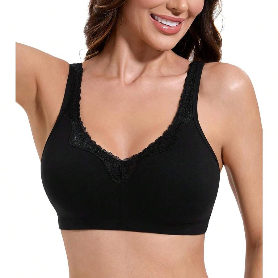 Women's Comfort Cotton Bra Plus Size Everyday Non Padded Wirefree Lace Floral - 黑色 - 查看 1